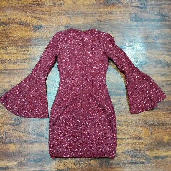JVN Homecoming Prom Retro 70's Glam Y2K Bell Sleeve Glitter Dress Burgundy XS - Picture 4 of 14